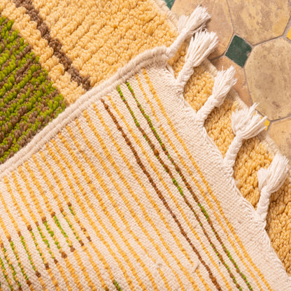 Handwoven Moroccan Wool Runner Rug - Abstract Geometric Design - Yellow & Green - 80% Wool 20% Cotton - Vintage