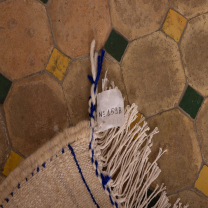 New Handmade Azilal Wool Rug - Blue Diamond Shapes on Neutral Cream - Moroccan Tribal Art for Floor or Wall