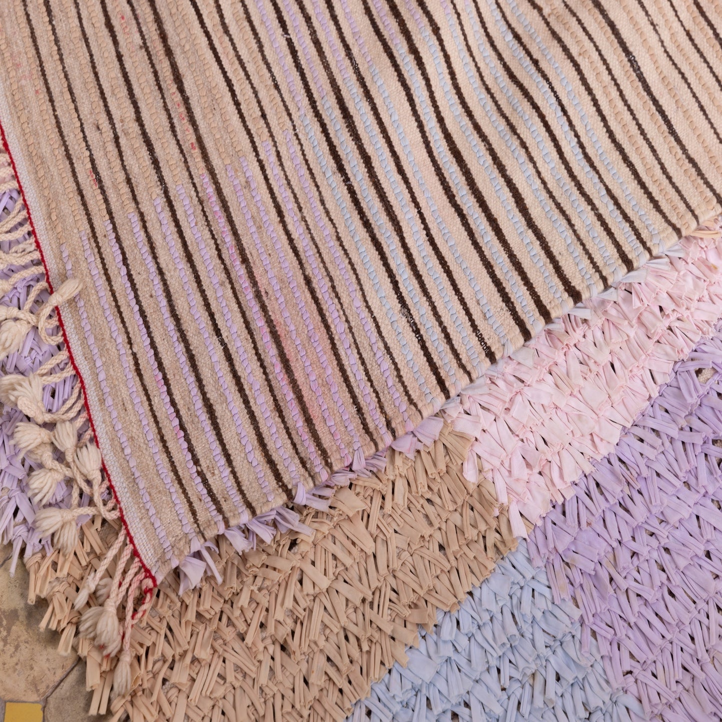 Vintage Moroccan Boucherouite Rug – Soft Pastel Checkerboard Berber Carpet – Handmade Shaggy Boho Rug