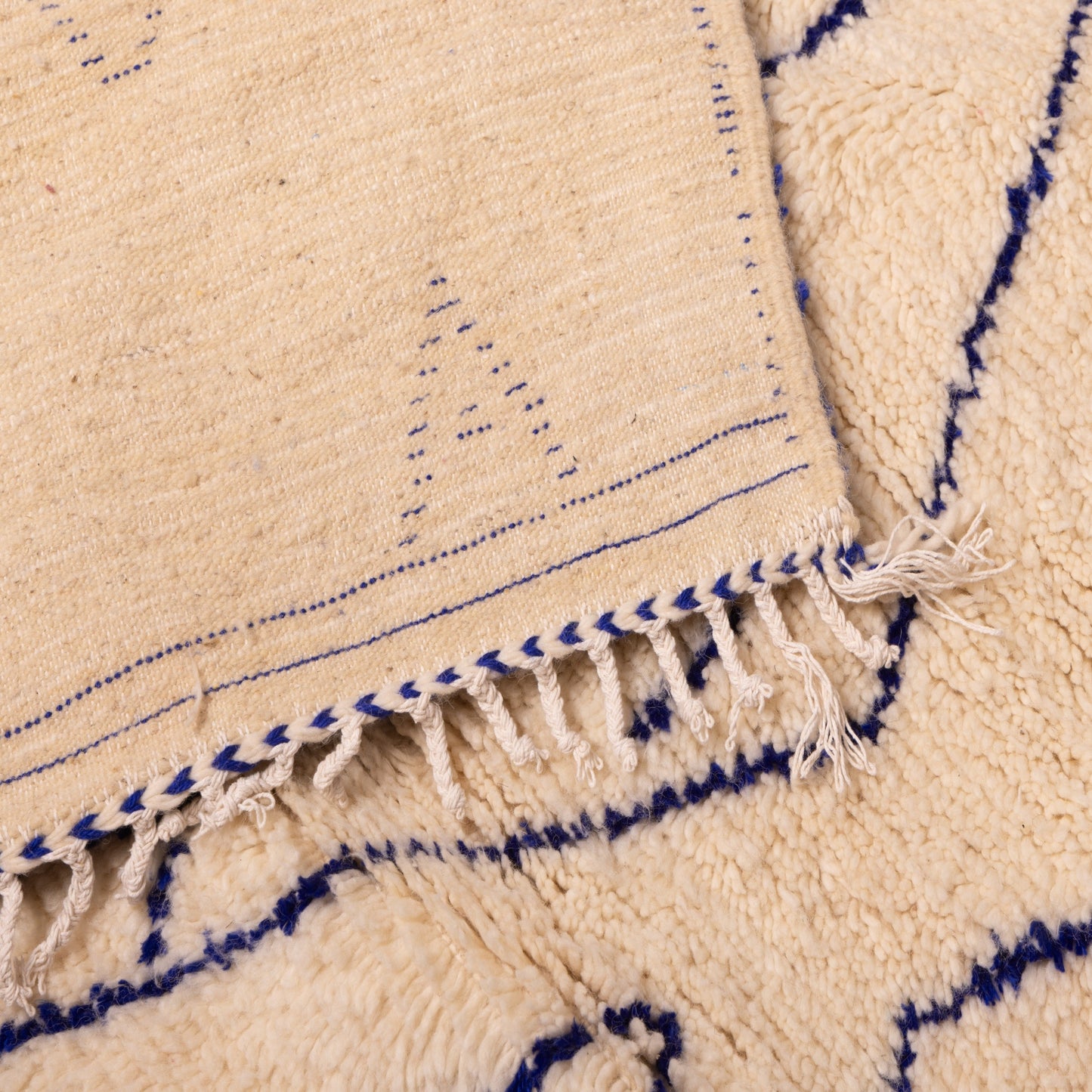 Blue & Cream Azilal Rug - 80% Wool 20% Cotton Moroccan Handmade - Minimalist Berber Tribal Carpet