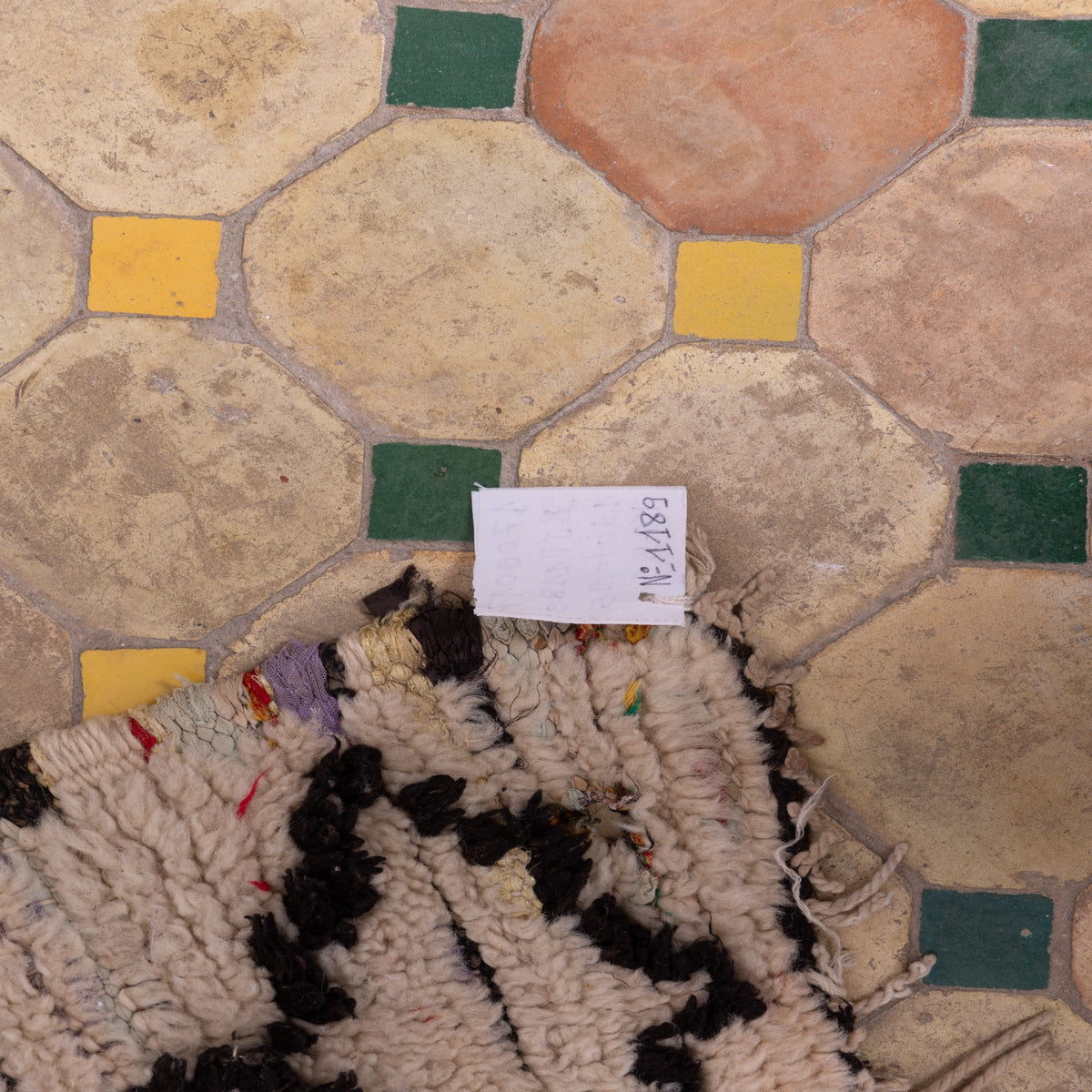 Vintage Azilal Rug with Tribal Symbols - Handmade Moroccan Wool Rug - Small Cream Berber Carpet