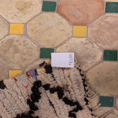 Vintage Azilal Rug with Tribal Symbols - Handmade Moroccan Wool Rug - Small Cream Berber Carpet