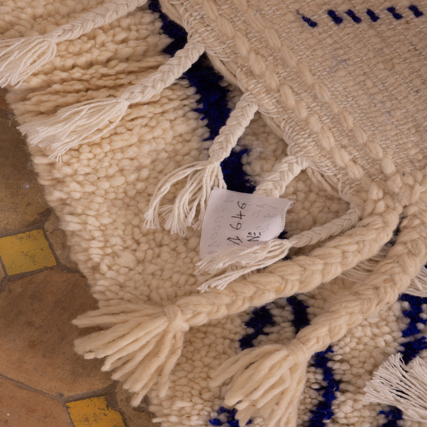 New Handmade Azilal Wool Rug - Abstract Blue Geometric Pattern on Cream - Tribal Berber Art for Wall or Floor