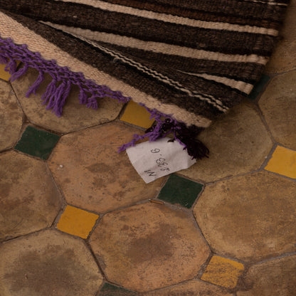 Vintage Moroccan Striped Handwoven Rug | Dark Brown Berber Wool Blanket | Authentic Nomadic Textile ; 7,05 ft / 4,27 ft