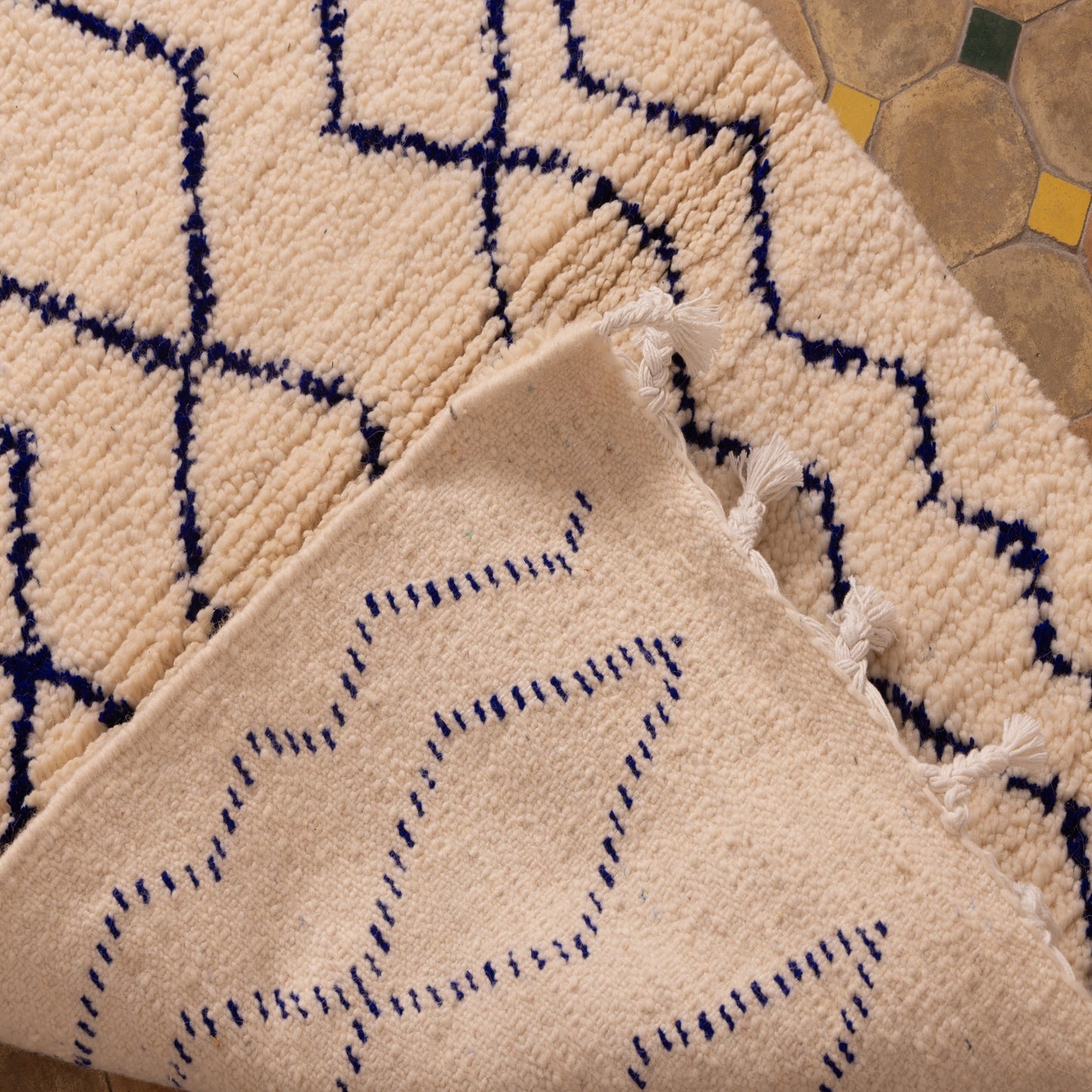 New Handmade Azilal Wool Rug - Diamond Pattern in Blue on Cream - Modern Moroccan Decor