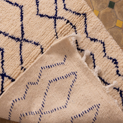 New Handmade Azilal Wool Rug - Diamond Pattern in Blue on Cream - Modern Moroccan Decor
