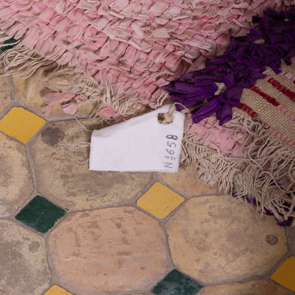 Vintage Moroccan Boucherouite Rug – Handwoven Berber Carpet in Purple & Pink – Unique Boho Chic Shag Rug