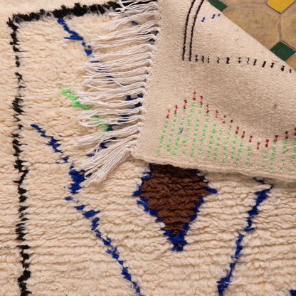 Small Moroccan Azilal Rug - Handwoven Boho Wool Runner - 80% Wool 20% Cotton - Green Border Tribal Carpet