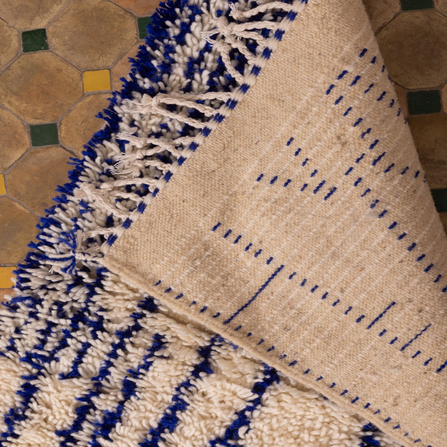 New Handmade Azilal Wool Rug - Abstract Blue Tribal Patterns on Cream - Moroccan Floor or Wall Decor