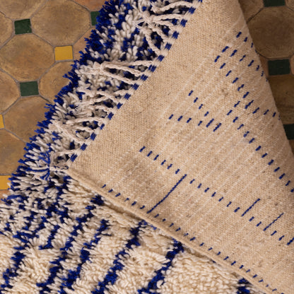 New Handmade Azilal Wool Rug - Abstract Blue Tribal Patterns on Cream - Moroccan Floor or Wall Decor