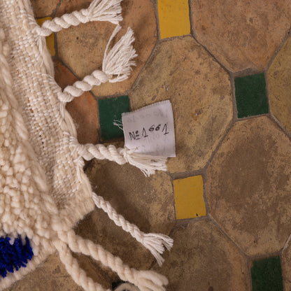 New Handmade Azilal Wool Rug - Blue Diamond Tribal Design on Cream - Moroccan Wall or Floor Decor