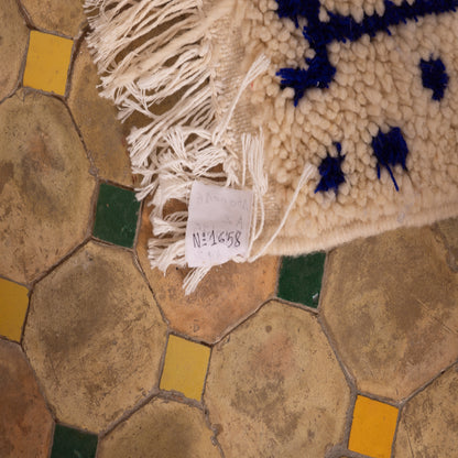 New Handmade Azilal Rug - Abstract Blue Berber Design on Cream - Moroccan Modern Tribal Wall Hanging or Floor Rug