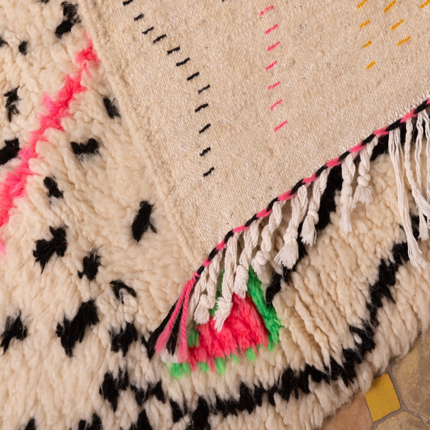 Vibrant Moroccan Azilal Wool Rug - Handwoven Tribal Art with Neon Accents - Boho Wall or Floor Decor