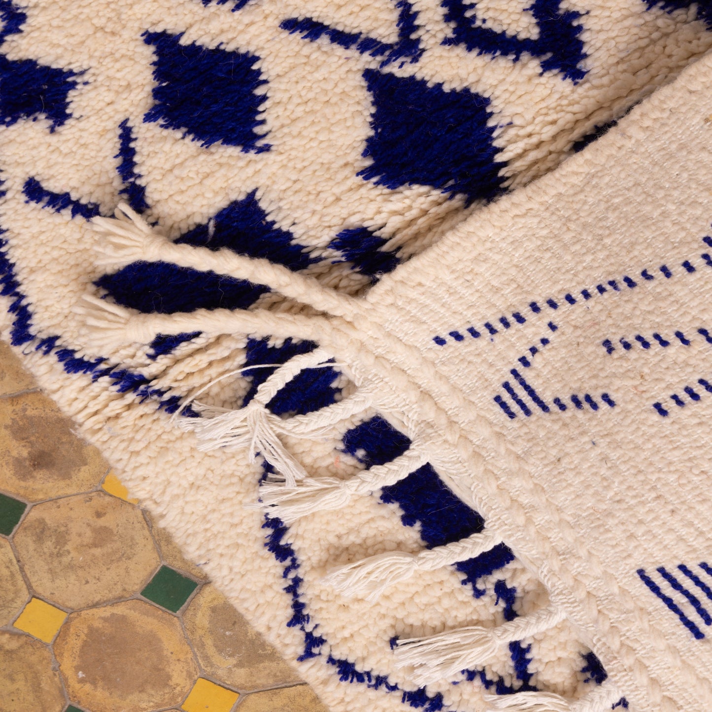 New Handmade Azilal Wool Rug - Blue Geometric Diamonds on Cream - Modern Moroccan Tribal Decor