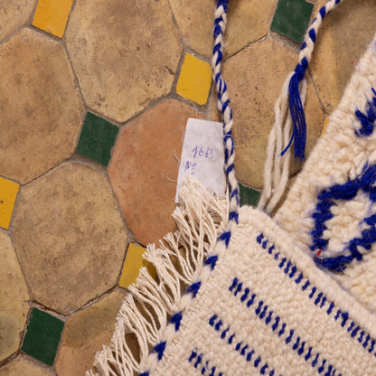 New Handmade Azilal Rug - Abstract Blue Berber Symbols on Cream - Modern Moroccan Tribal Wall Hanging or Floor Piece