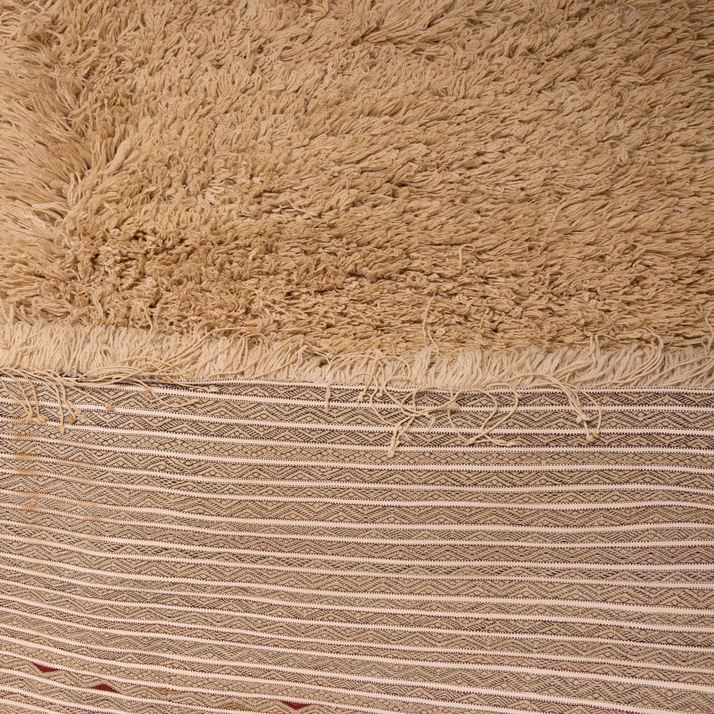 Authentic Vintage Moroccan Handira Rug | Beige Berber Striped Wool Blanket | Handwoven Bohemian Textile ;  10,99 ft / 6,23 ft