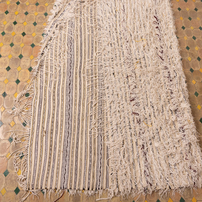 Handwoven Moroccan Handira Kilim | Vintage Berber Wool Blanket | Neutral Striped Boho Rug ; 7,38 ft / 5,09 ft