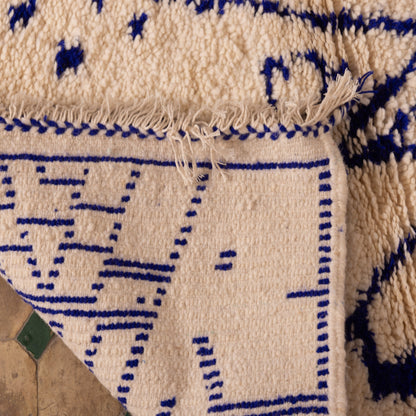 New Handmade Azilal Wool Rug - Blue Mountain Pattern on Cream - Abstract Tribal Decor for Wall or Floor