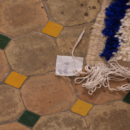 New Handmade Azilal Wool Rug - Abstract Blue Tribal Design on Cream - Moroccan Wall or Floor Decor