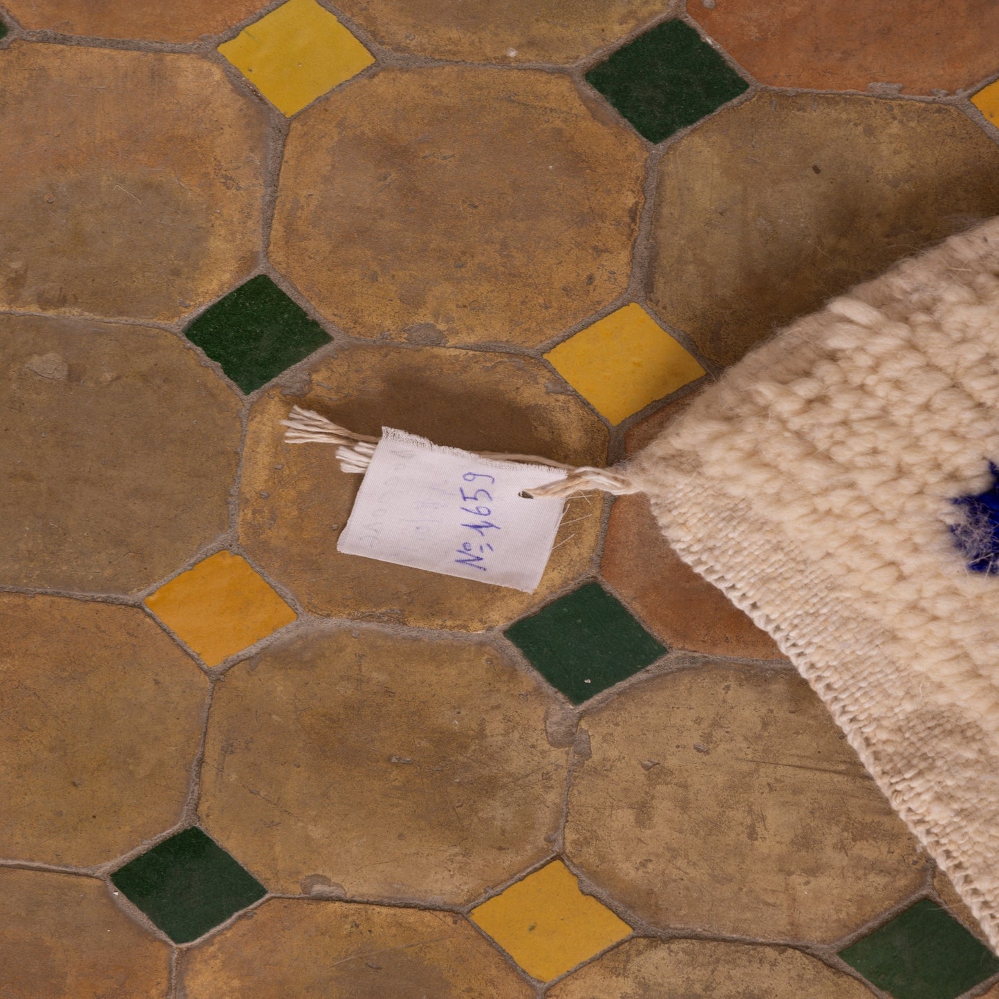New Handmade Azilal Wool Rug - Bold Blue Tribal Pattern on Cream - Moroccan Floor or Wall Decor