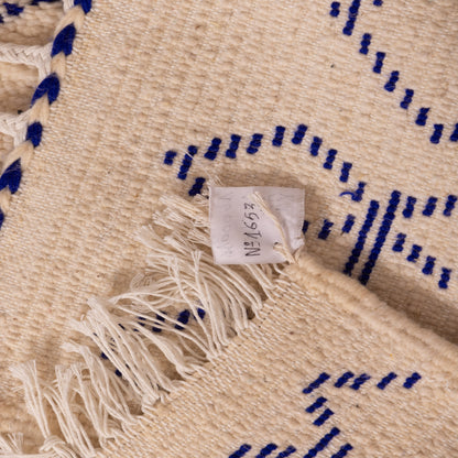 New Handmade Azilal Wool Rug - Abstract Blue Moroccan Symbols on Cream - Modern Tribal Wall or Floor Decor