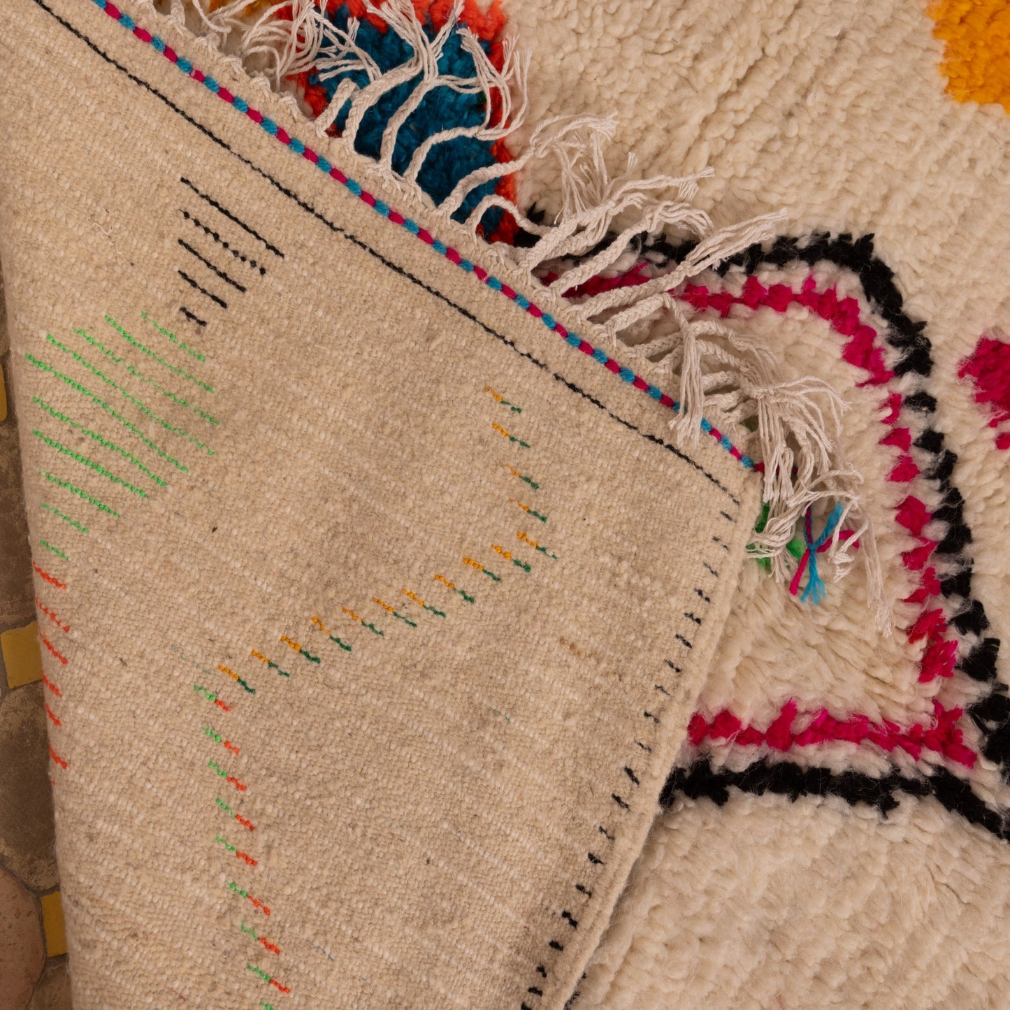 Playful Azilal Rug - Moroccan Handwoven Wool & Cotton Carpet - Bright Geometric Tribal Design - Boho Wall or Floor Decor
