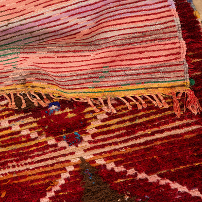 Vintage Moroccan Runner Rug - Deep Red Handwoven Wool with Diamond Tribal Motifs