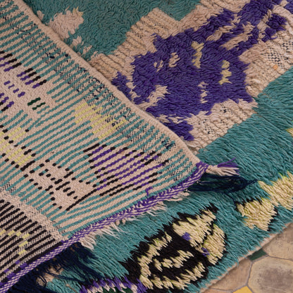 Vintage Azilal Moroccan Rug - Small Tribal Wall Hanging - Handwoven Bohemian Wool Textile in Green & Purple
