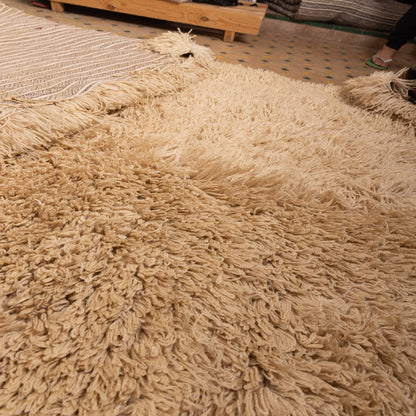 Authentic Vintage Moroccan Handira Rug | Beige Berber Striped Wool Blanket | Handwoven Bohemian Textile ;  10,99 ft / 6,23 ft