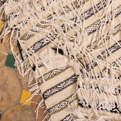 Handwoven Moroccan Handira Kilim | Vintage Berber Wool Blanket | Neutral Striped Boho Rug ; 7,38 ft / 5,09 ft