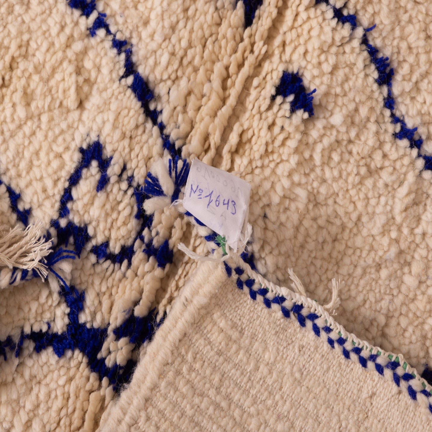 New Handmade Azilal Wool Rug - Blue Mountain Pattern on Cream - Abstract Tribal Decor for Wall or Floor