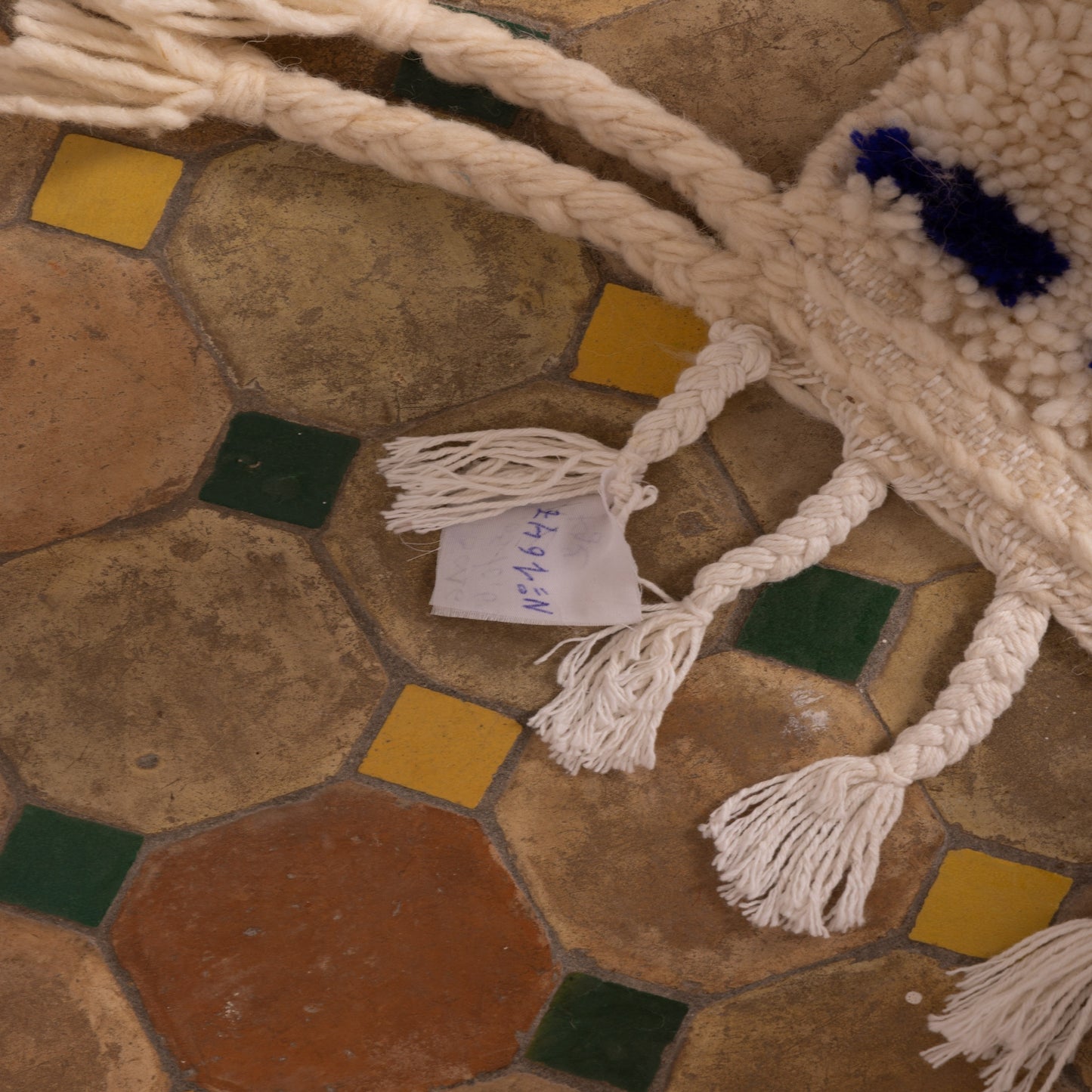 New Handmade Azilal Wool Rug - Blue Geometric Diamonds on Cream - Modern Moroccan Tribal Decor