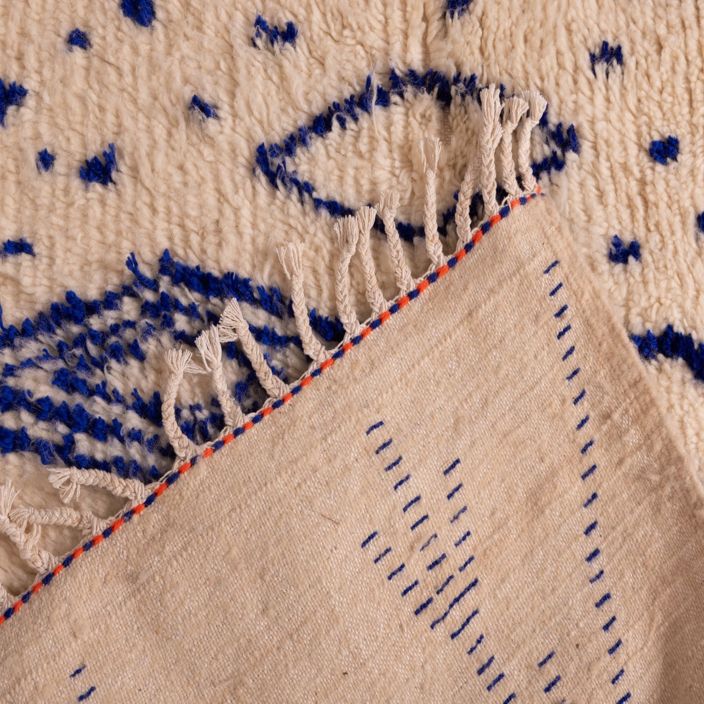 Modern Azilal Rug with Indigo Blue Tribal Motifs - 80% Wool 20% Cotton - Handwoven Moroccan Abstract Carpet - Contemporary Berber Decor