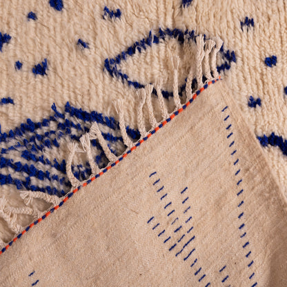 Modern Azilal Rug with Indigo Blue Tribal Motifs - 80% Wool 20% Cotton - Handwoven Moroccan Abstract Carpet - Contemporary Berber Decor