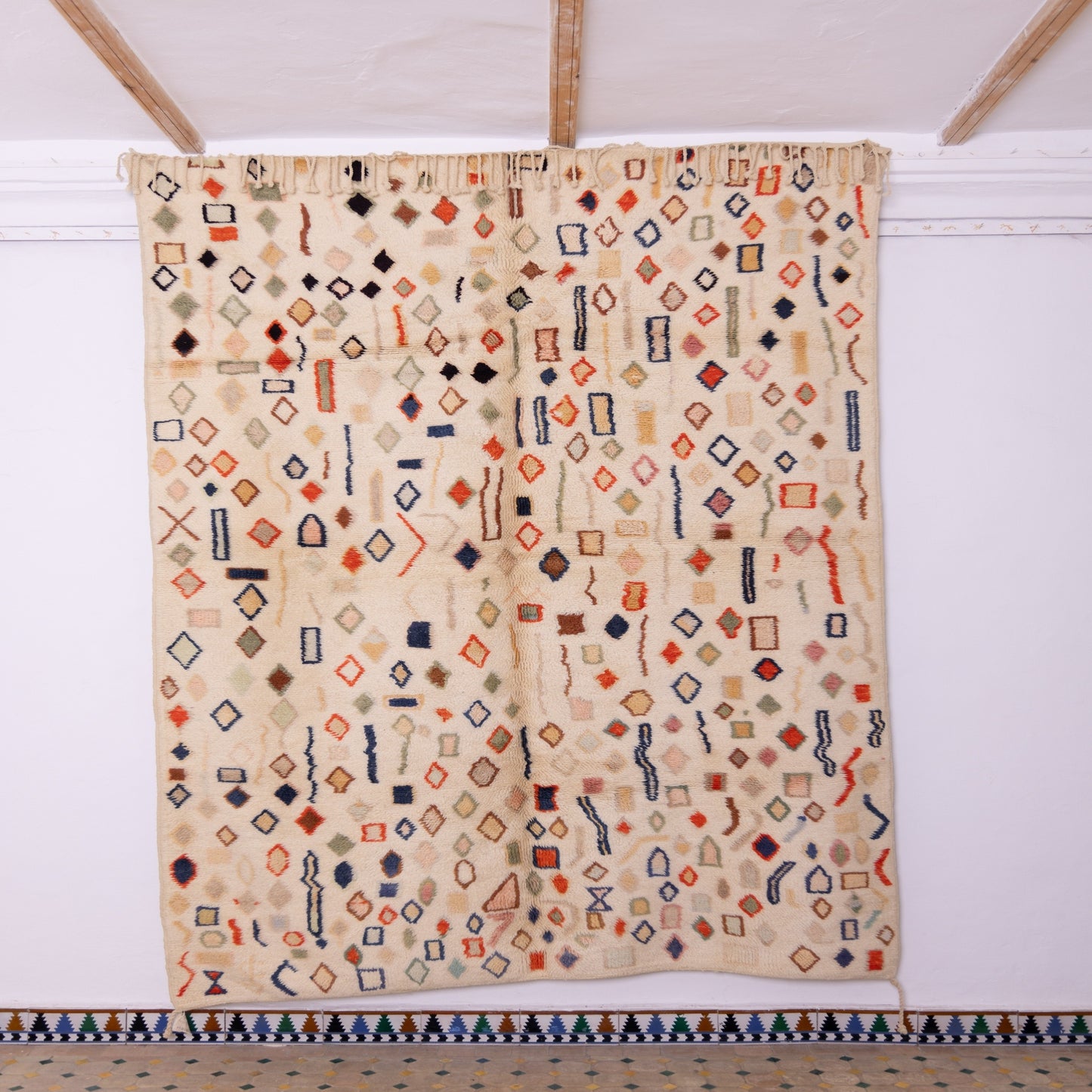 Authentic Handmade Mrirt Rug – 100% Wool Moroccan Berber Carpet – Colorful Geometric Design – Luxury Boho & Minimalist Home Decor