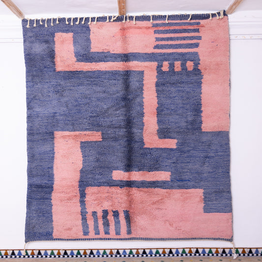 Handmade Mrirt Rug – 100% Wool Moroccan Berber Carpet – Blue & Pink Abstract Wool Rug – Modern Bohemian & Contemporary Home Decor
