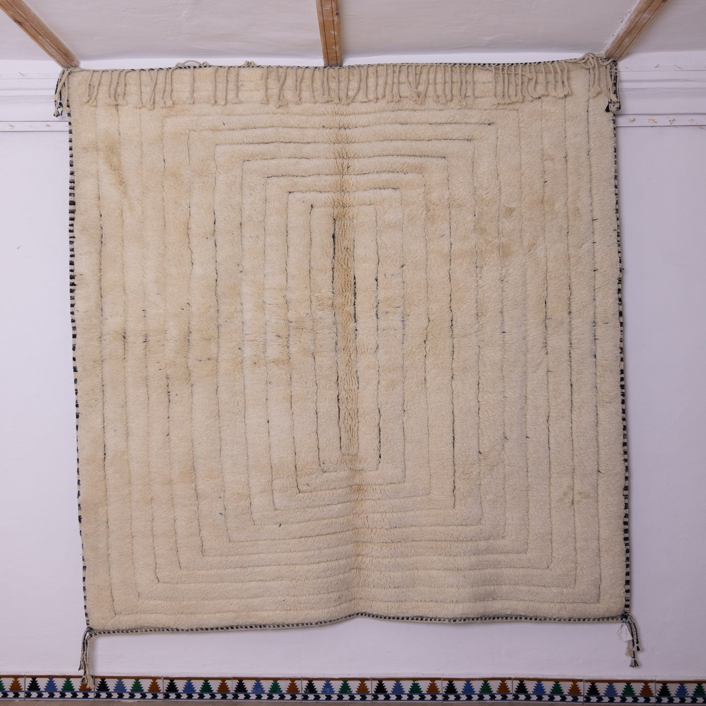 Handmade Mrirt Rug – 100% Wool Moroccan Berber Carpet – Cream & Black Textured Geometric Wool Rug – Luxury Minimalist & Modern Home Decor