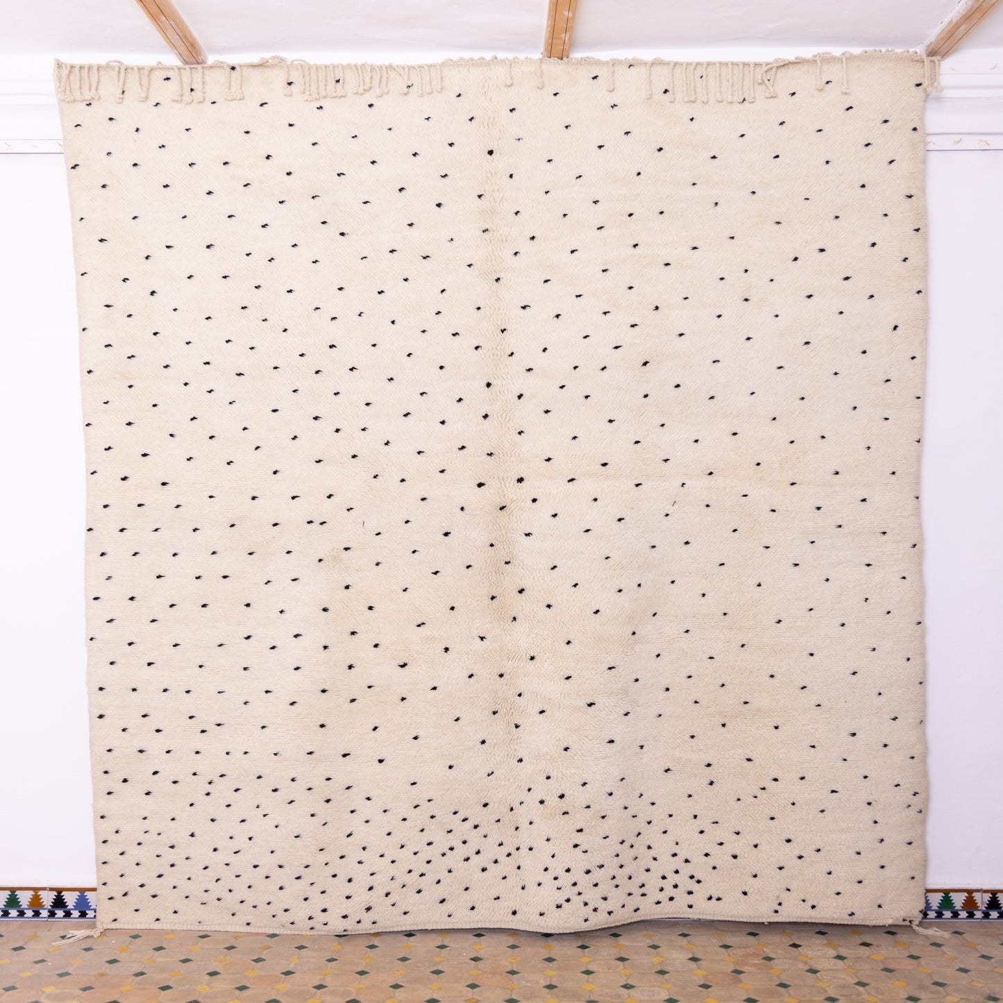 Handmade Mrirt Rug – 100% Wool Moroccan Berber Carpet – Cream & Black Polka Dot Wool Rug – Luxury Minimalist & Modern Home Decor