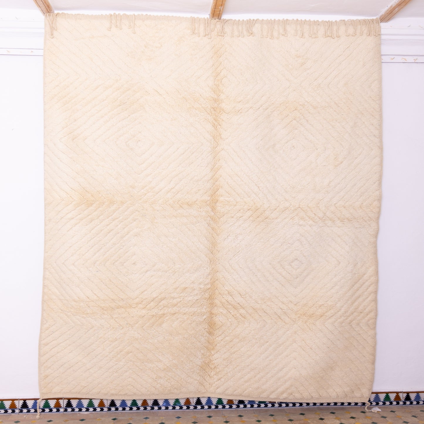 Handmade Mrirt Rug – 100% Wool Moroccan Berber Carpet – Cream Textured Geometric Wool Rug – Luxury Minimalist & Modern Home Decor