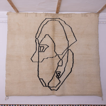 Handmade Mrirt Rug – 100% Wool Moroccan Berber Carpet – Abstract Face Line Art Wool Rug – Luxury Minimalist & Modern Home Decor